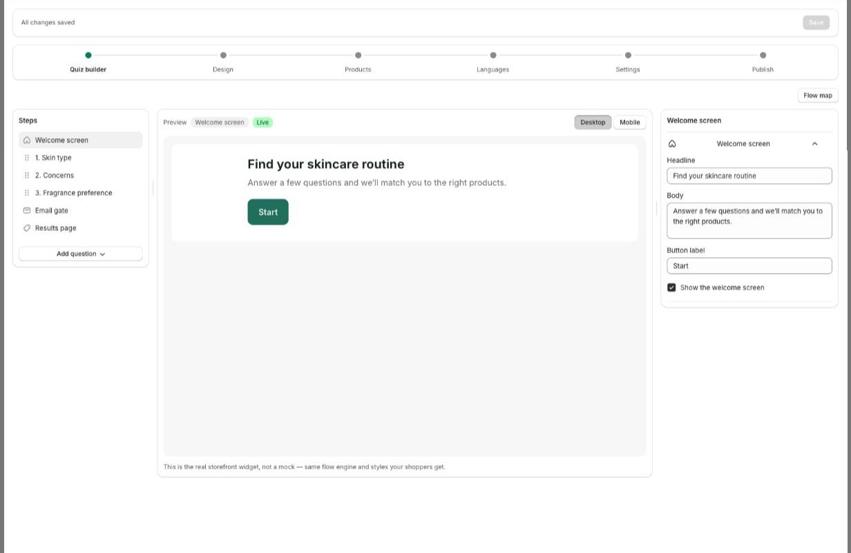 The Curator Quiz editor in the Shopify admin: quiz steps beside a live preview of the quiz